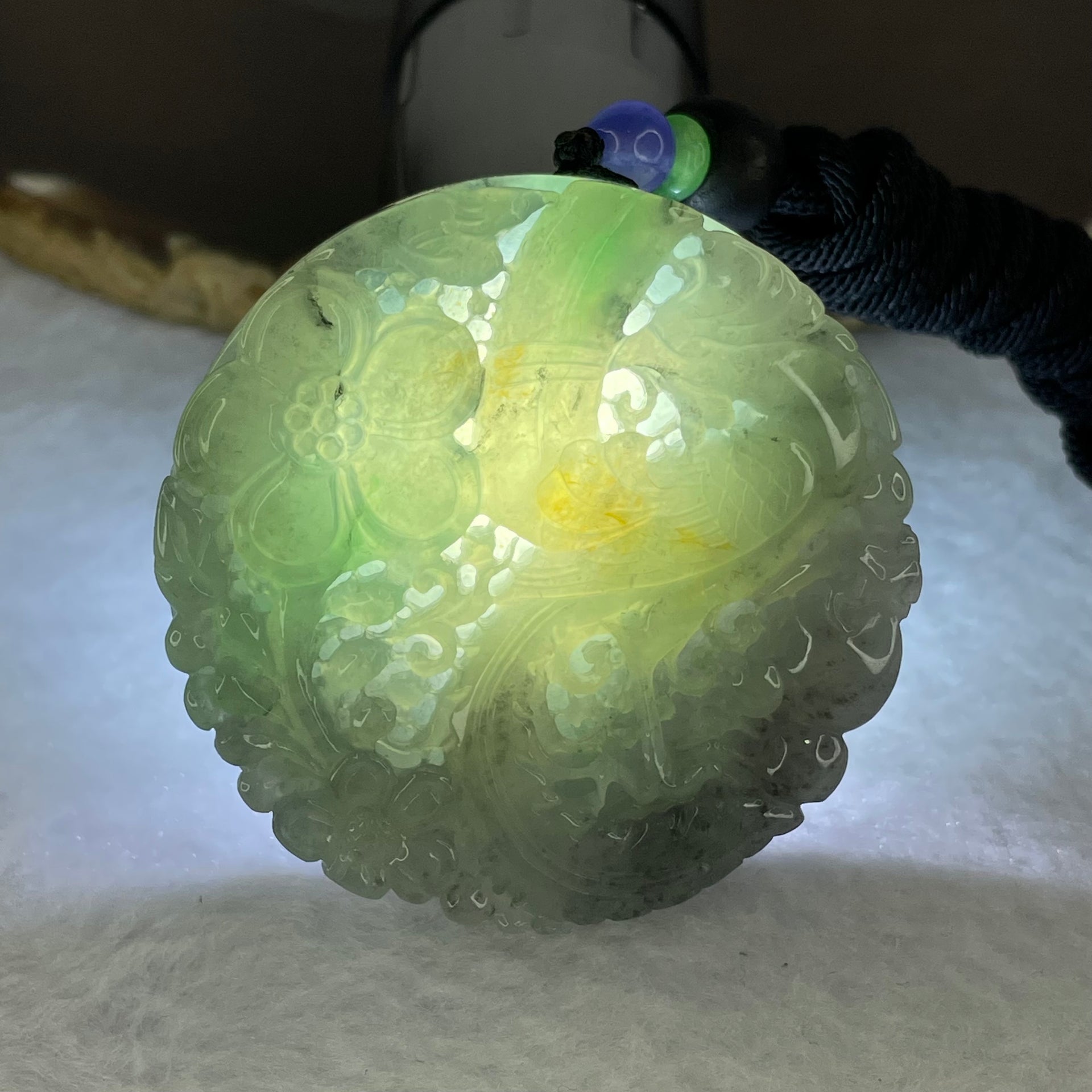 Grandmaster Certified Type A Semi Icy Sky Blue with Wuji Lavender with Black Patches Jadeite Phoenix and Flowers Pendent 71.76g 51.0 by 13.0 mm - Huangs Jadeite and Jewelry Pte Ltd