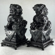 Black Pair of Fu Gou with Wooden Stand Display 5,365.5g Each about 110.0 by 15.0 by 230.0mm - Huangs Jadeite and Jewelry Pte Ltd