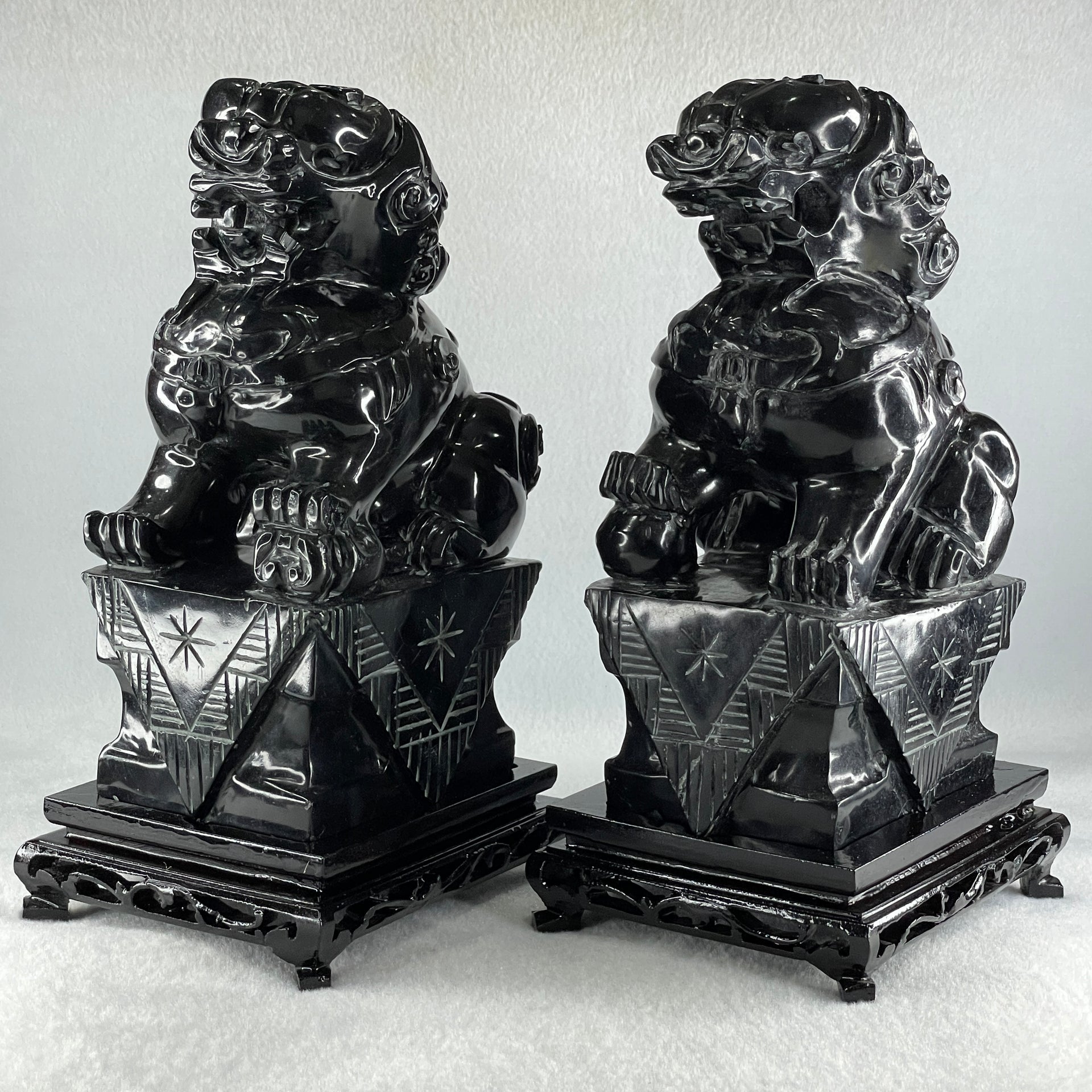 Black Pair of Fu Gou with Wooden Stand Display 5,365.5g Each about 110.0 by 15.0 by 230.0mm - Huangs Jadeite and Jewelry Pte Ltd