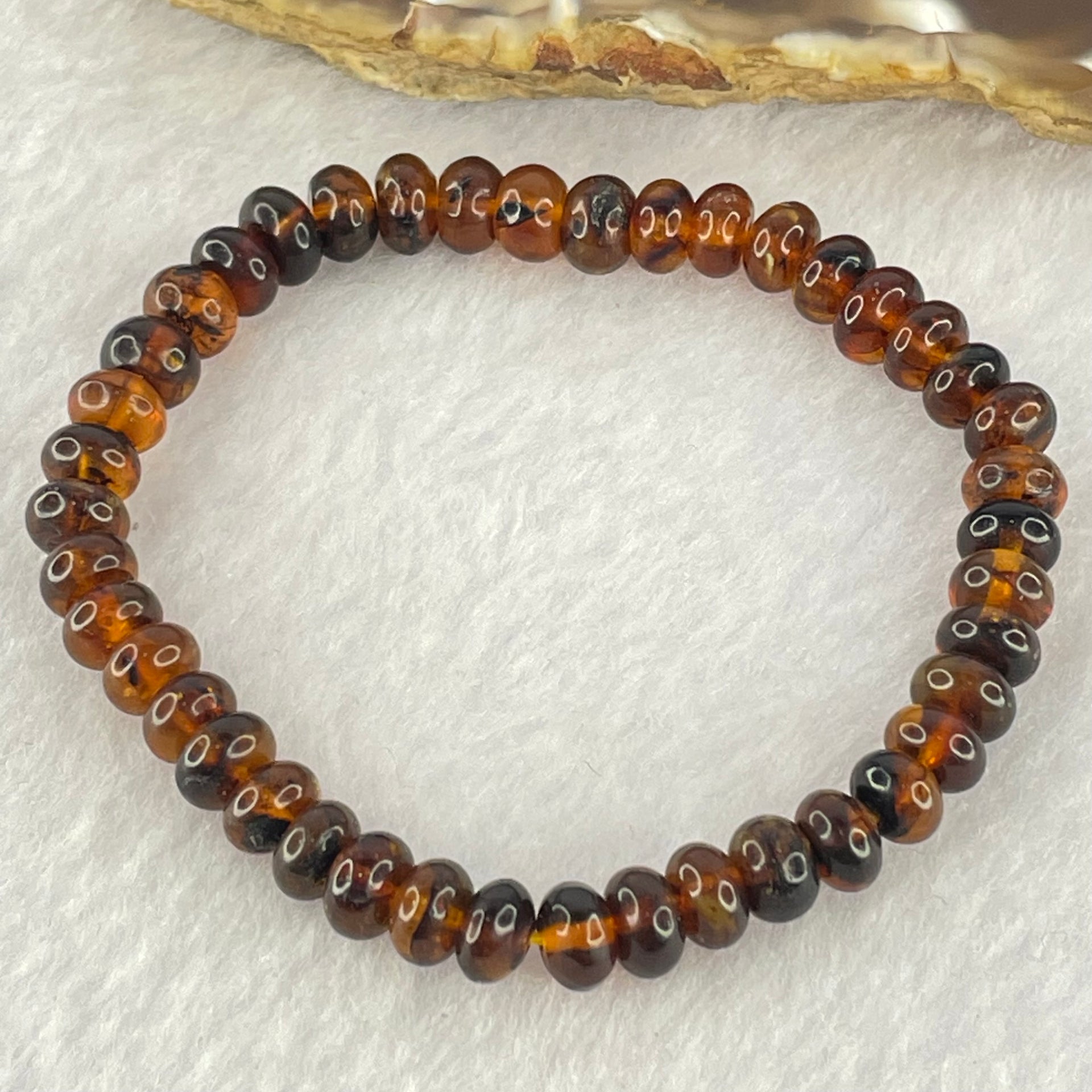 Natural Dark Brownish Yellow Medicine Amber Beads Bracelet 天然抚顺药珀手链 4.21g 14.5cm 6.7 by 42 Beads - Huangs Jadeite and Jewelry Pte Ltd