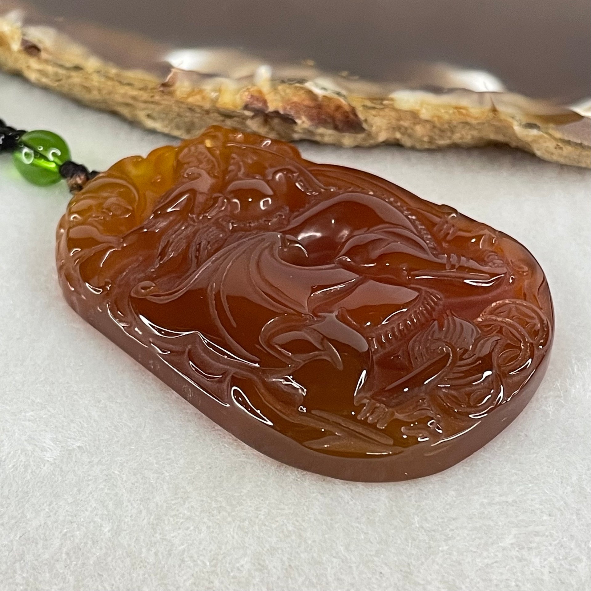 Natural Brownish Red Chalcedony Dragon Pendant 27.687g 54.1 by 38.5 by 9.1mm in Crystal Necklace 65cm - Huangs Jadeite and Jewelry Pte Ltd