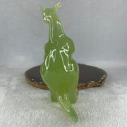 Natural Green Serpentine Kangaroo with Baby with Wooden Stand Display 382.2g 119.5 by 63.0 by 159.0mm - Huangs Jadeite and Jewelry Pte Ltd