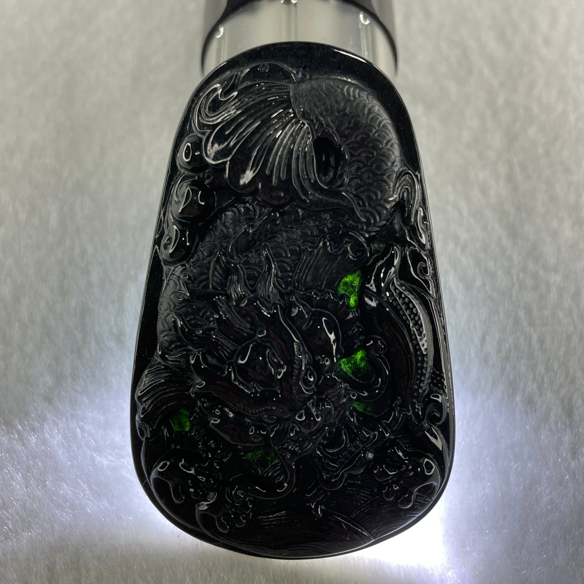Type A Opaque to Partial Translucent Black Omphacite Jadeite Dragon Carp Pendant 20.39g 57.5 by 36.6 by 7.5mm - Huangs Jadeite and Jewelry Pte Ltd