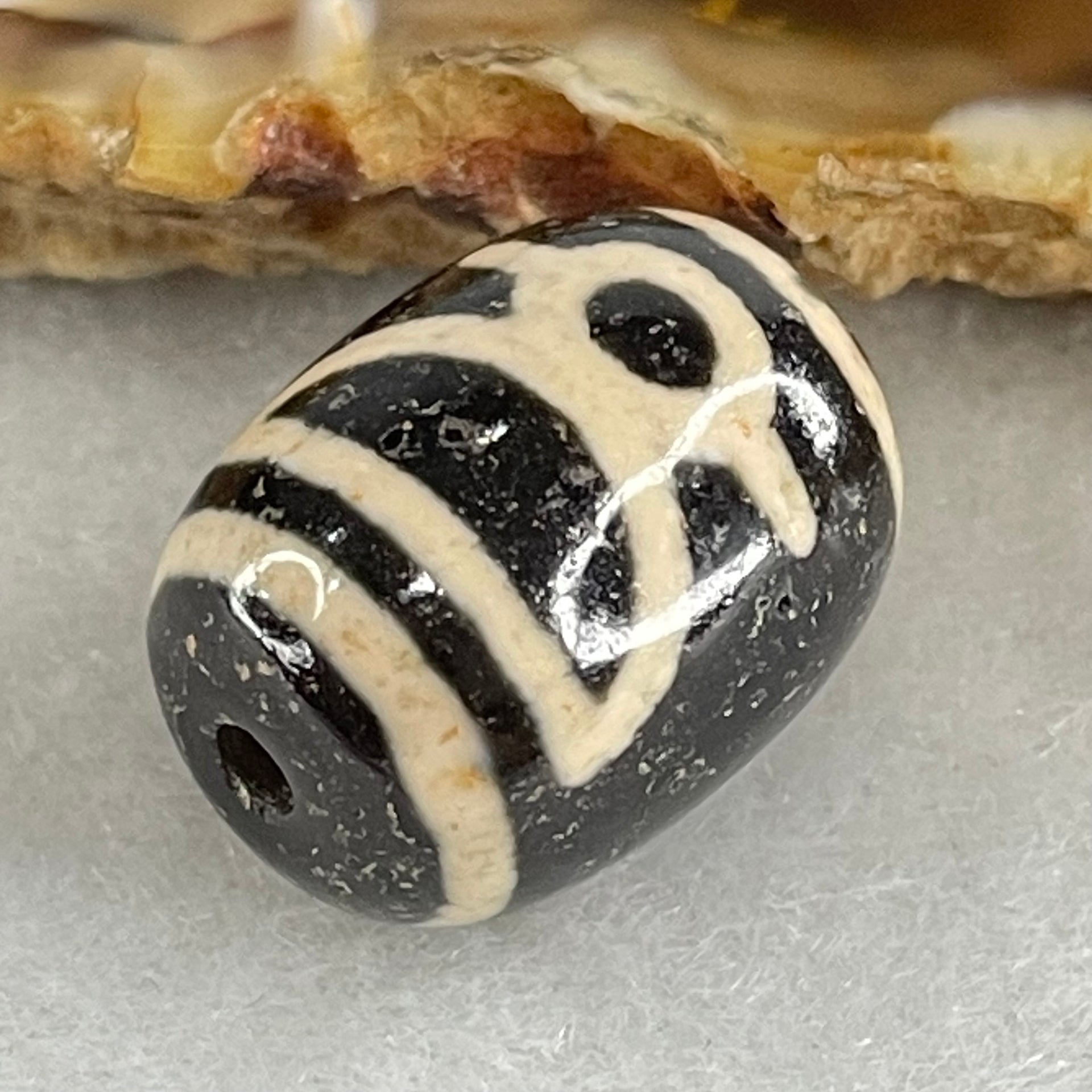 Natural Powerful Tibetan Old Oily Double Agate Cai Shen Dzi Bead Heavenly Master (Tian Zhu) 财神长天珠 4.86g 17.7 by 13.4mm - Huangs Jadeite and Jewelry Pte Ltd