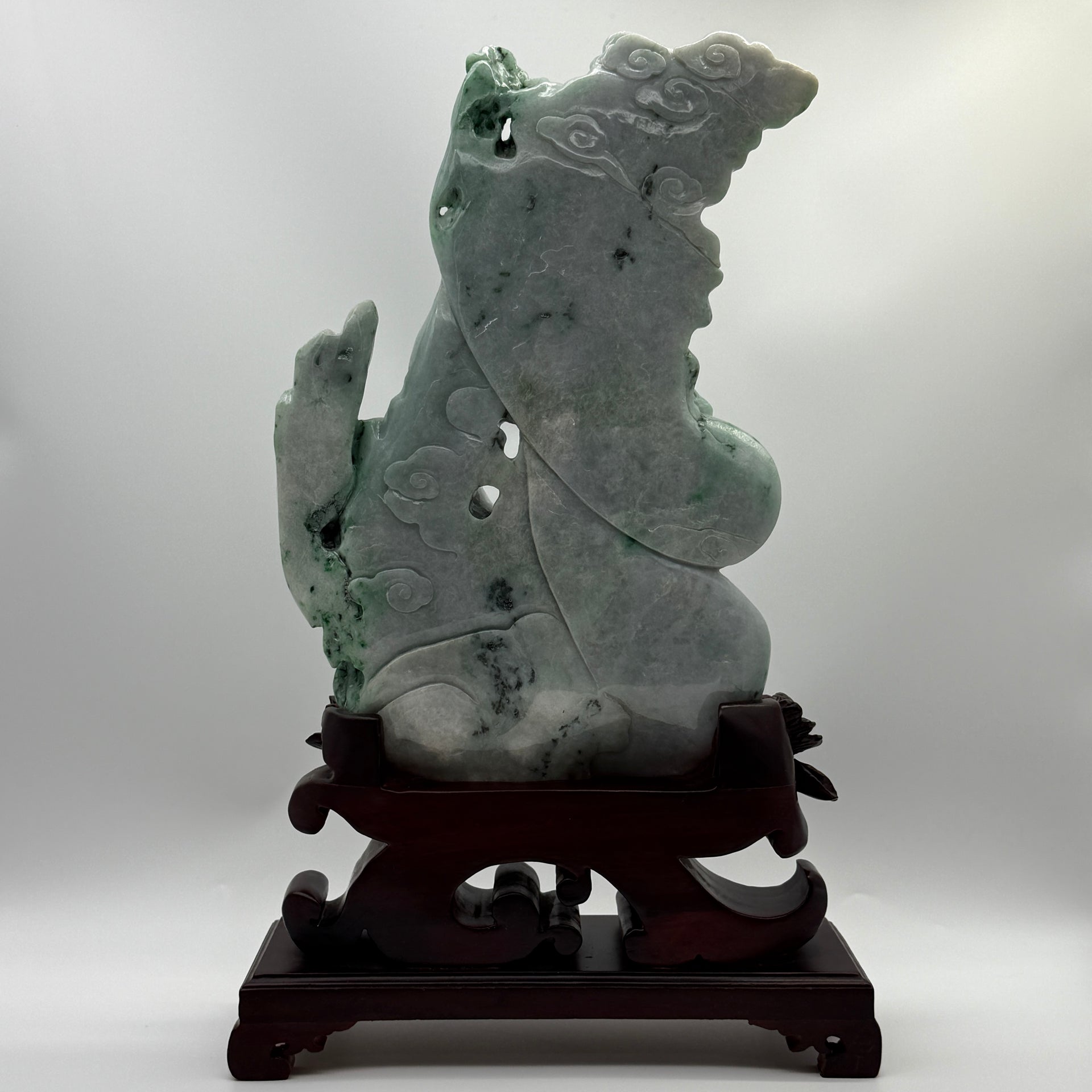 Type A Lavender and Green with Spicy Green Spots 仙女 with Wooden Stand Display Piece 3.38kg Dimensions with Stand 43 by 27 by 10cm Jadeite Dimensions 31 by 22 by 3cm - Huangs Jadeite and Jewelry Pte Ltd