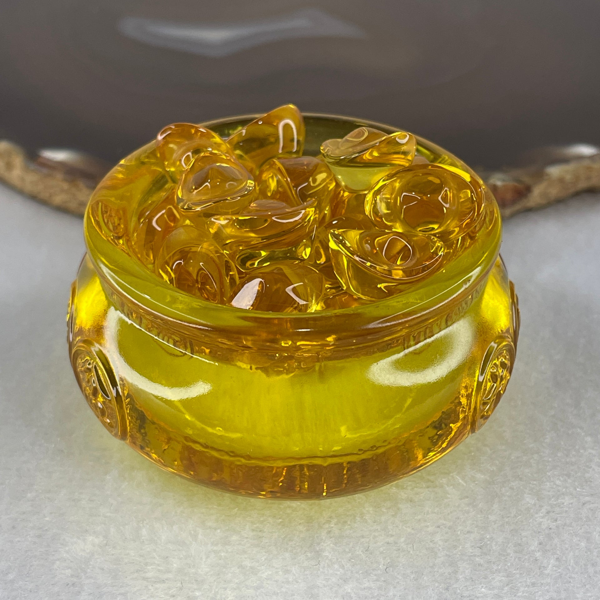 Yellow Liuli Wealth Pot with Ingot Yuan Bao Display Total Weight 150.37g 59.4 by 37.0mm - Huangs Jadeite and Jewelry Pte Ltd