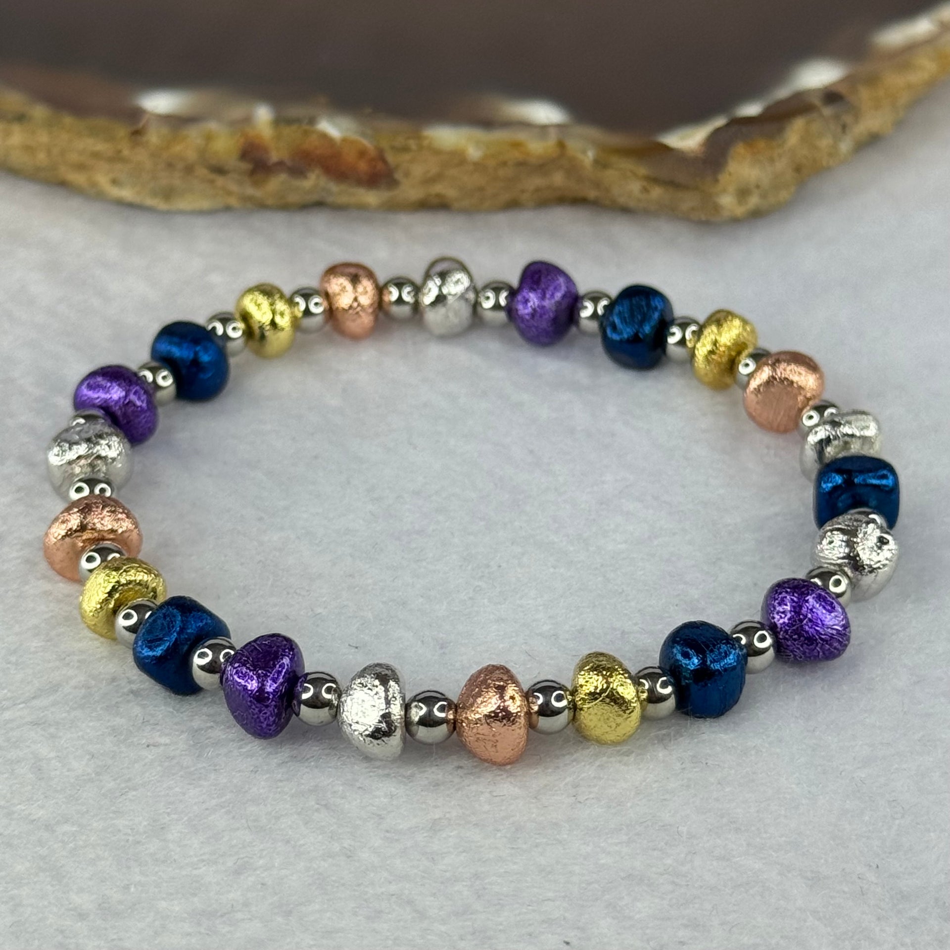 Natural Meteorite in Multi Color Pebble Shape Beads with Mini Stainless Beads Bracelet 天然天铁手链 25.33g 15cm 6.8mm 22pcs - Huangs Jadeite and Jewelry Pte Ltd