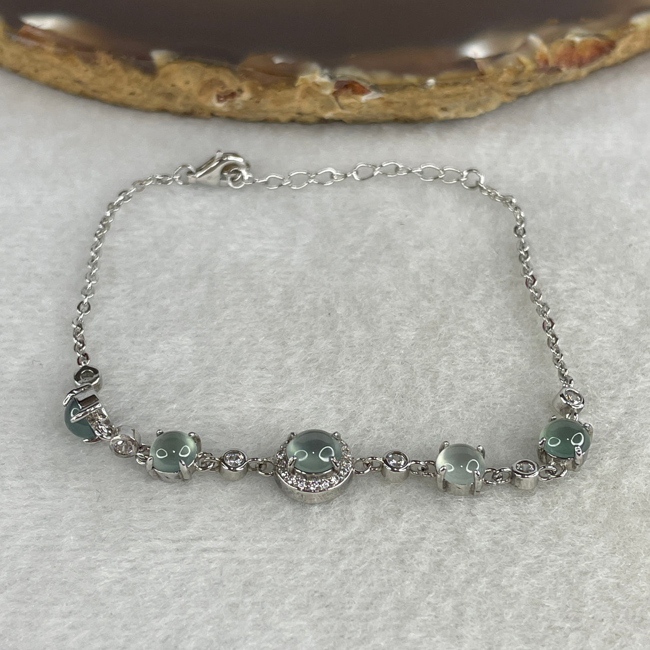 Certified Natural Type A Icy Blueish Green Jadeite Cabochon Cluster Bracelet | S925 Sterling Silver Setting | (4 Pcs 5.0x2.0mm | 1 Pcs 5.9x2.5mm | 14-17cm 4.34g )