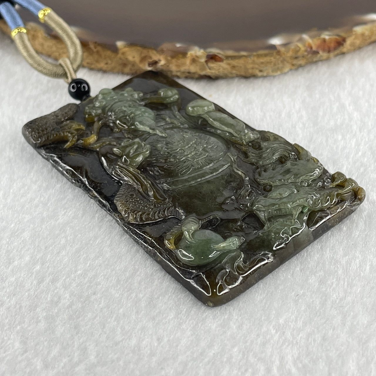 Natural Type A Dark Brown with Blueish Green Jadeite Cai Shen Ye God of Fortune Pendant 69.83g 73.2 by 47.9 by 9.0mm