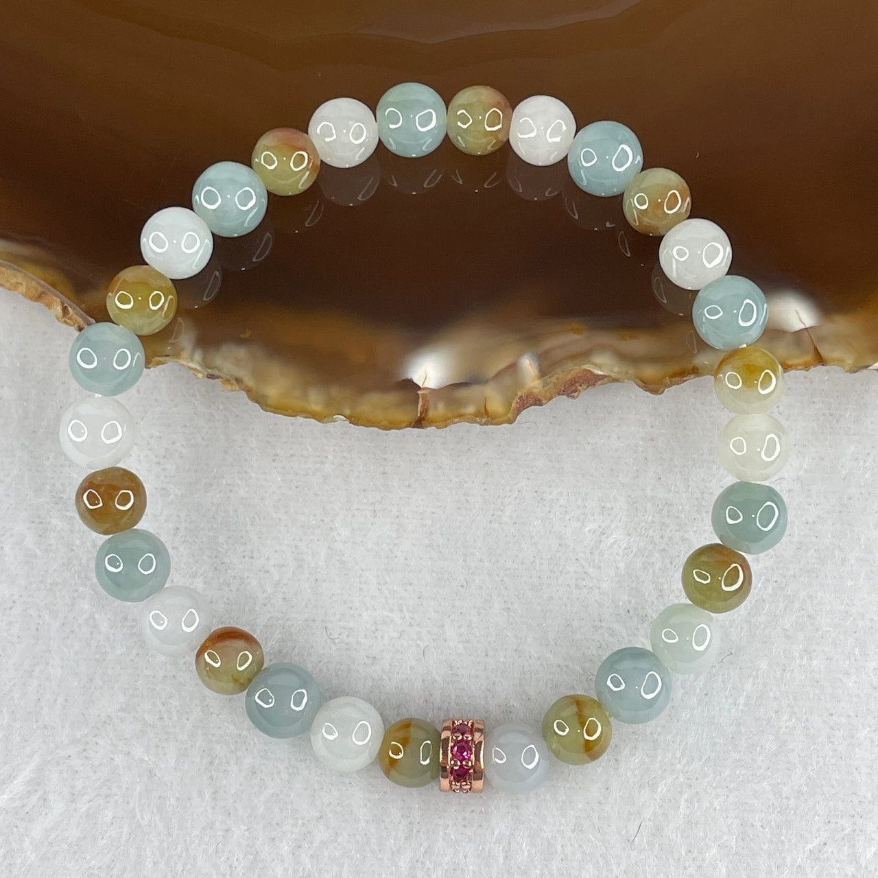 Natural Type A Tricolor Jadeite Bracelet | 15cm Small 6.6mm Round Light Blueish Green Brown White Earth & Sea Bead Strand (12.72g, 30 Beads)