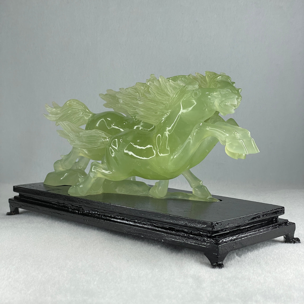 Natural Semi Icy Green Serpentine 3 Victory Horse with Wooden Stand Display 1,081.3g 242.0 by 106.0 by 124.0mm
