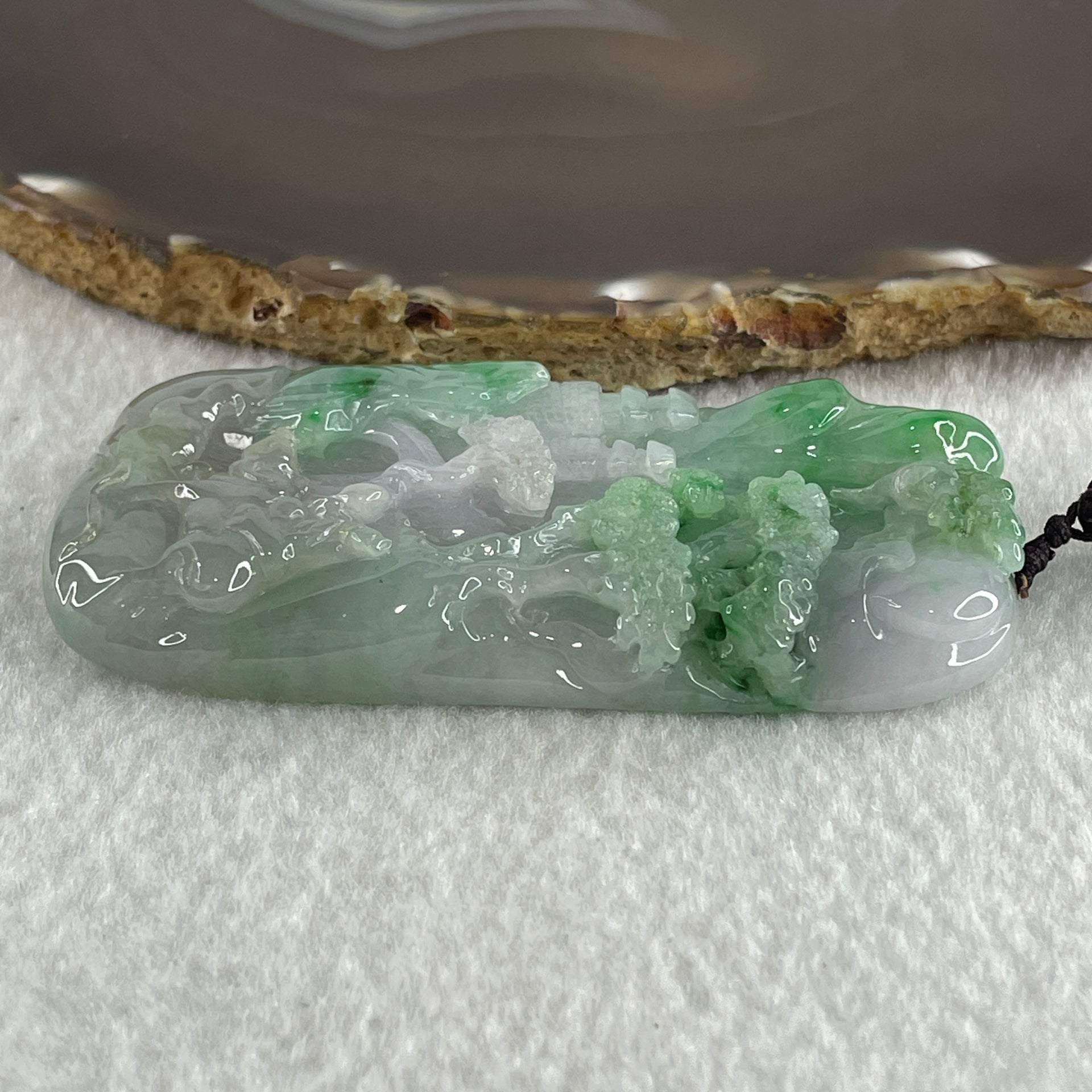 Type A Jelly Lavender and Spicy Green Piao Hua Jadeite Shan Shui and Benefactor 87.19g 79.4 by 40.7 by 11.7mm - Huangs Jadeite and Jewelry Pte Ltd