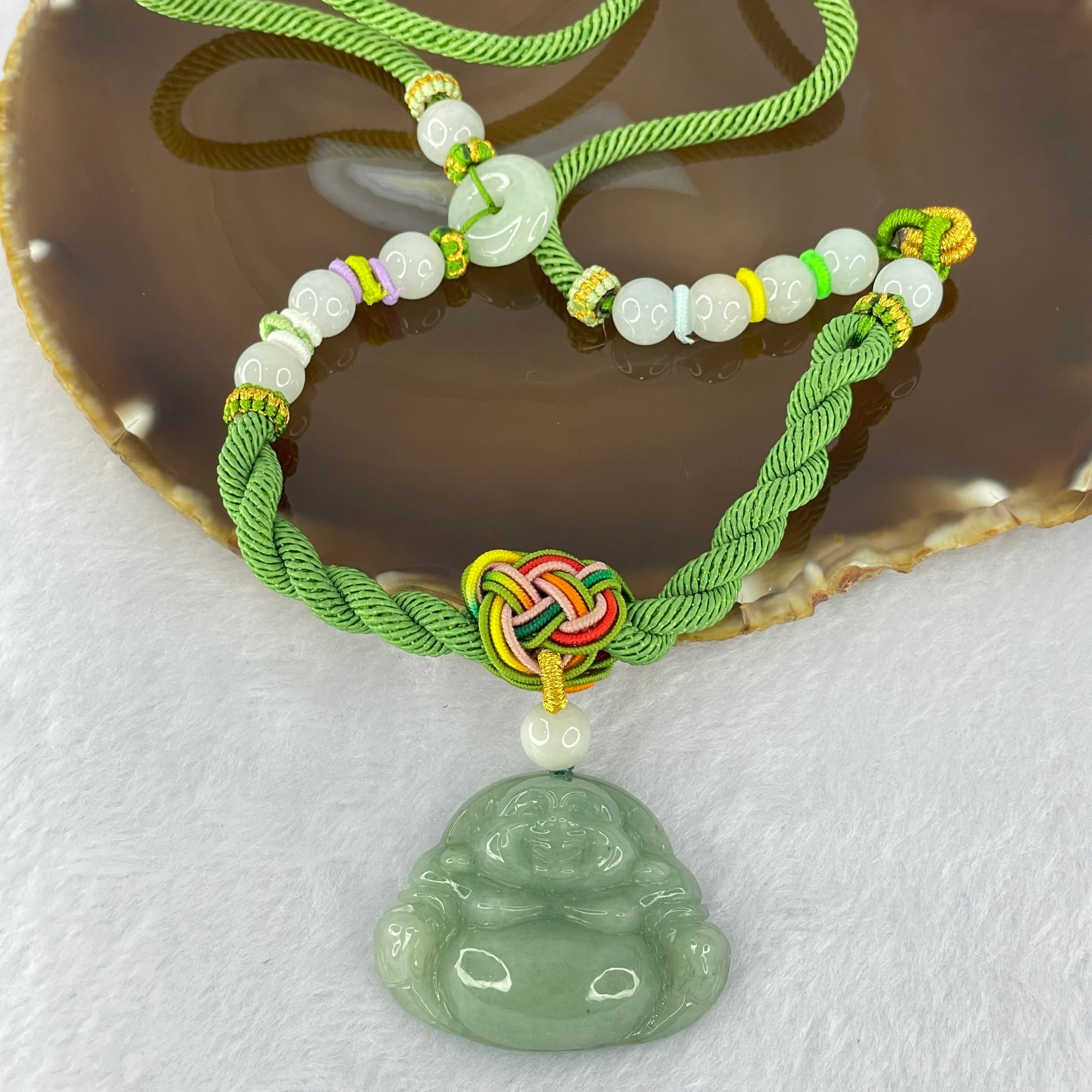 Type A Green Jadeite Milo Buddha Pendant and Beads Necklace 43.19g 31.3 by 40.8 by 12.1mm - Huangs Jadeite and Jewelry Pte Ltd