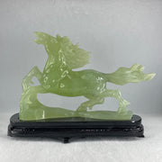 Natural Light Green Serpentine Victory Horse with Wooden Stand Display 1,274.6g 255.0 by 90.0 by 183.0mm - Huangs Jadeite and Jewelry Pte Ltd