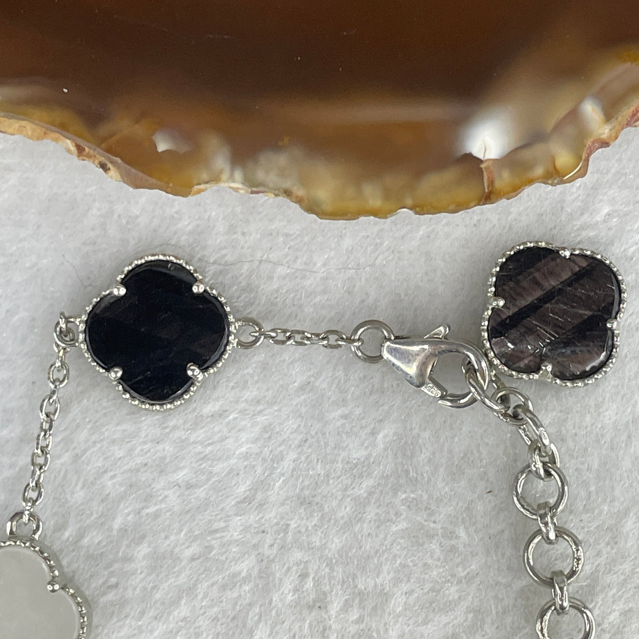 Natural Hypersthene & White Mother of Pearl Four-Leaf Clover Bracelet | Sterling Silver | Adjustable 15-18cm Reversible Luxury Talisman (12.21g 12.5x3.0mm)