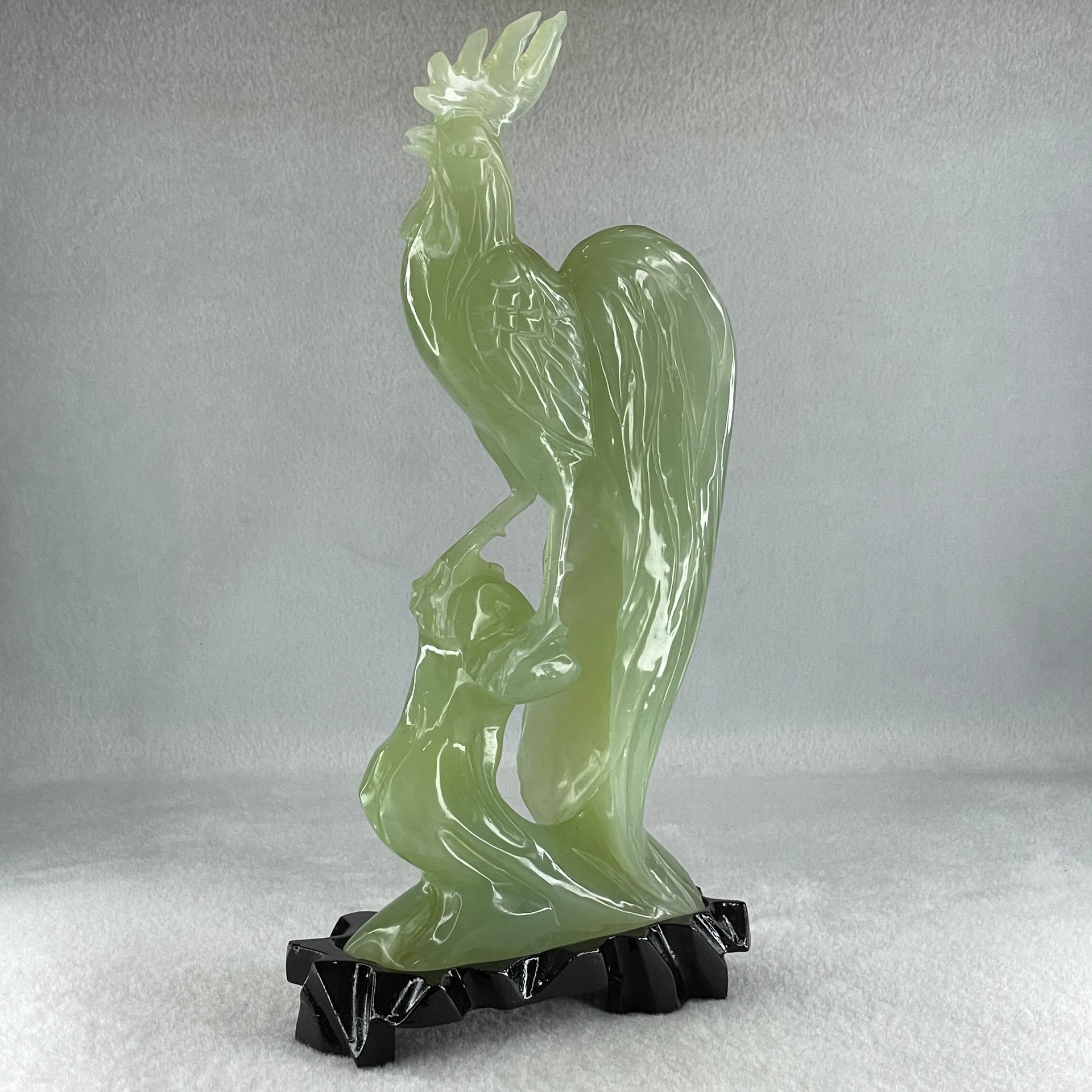 Natural Green Serpentine Rooster on Tree with Wooden Stand Display 820.9g 128.0 by 265.0 by 62.0mm - Huangs Jadeite and Jewelry Pte Ltd