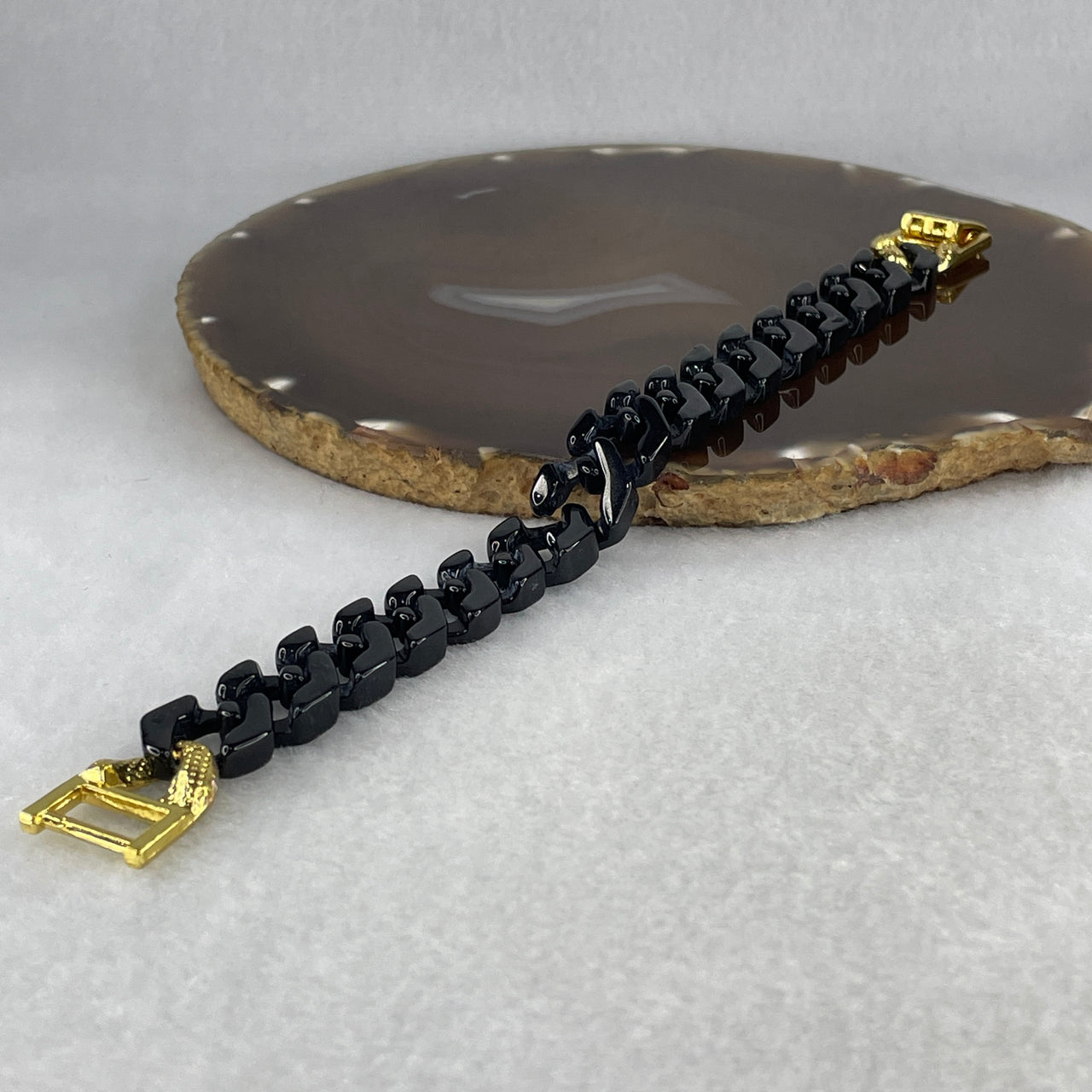 Certified Natural Type A Black Omphacite Jadeite Cuban Tennis Bracelet with Gold Color and Cubic Zirconia Clasp 29.04g Up to 19cm 14.0 by 5.0mm 17 Pcs