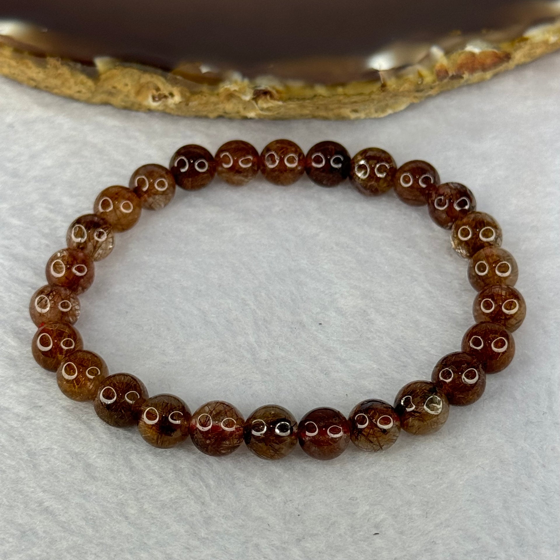 Natural Copper Rutilated Quartz Beads Bracelet 天然銅髮晶手镯 13.32g 15.5cm 7.5mm 26 Beads - Huangs Jadeite and Jewelry Pte Ltd