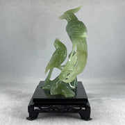 Natural Green Serpentine Double Phoenix on Tree with Wooden Stand Display 725.5g 169.0 by 210.0 by 112.0mm - Huangs Jadeite and Jewelry Pte Ltd