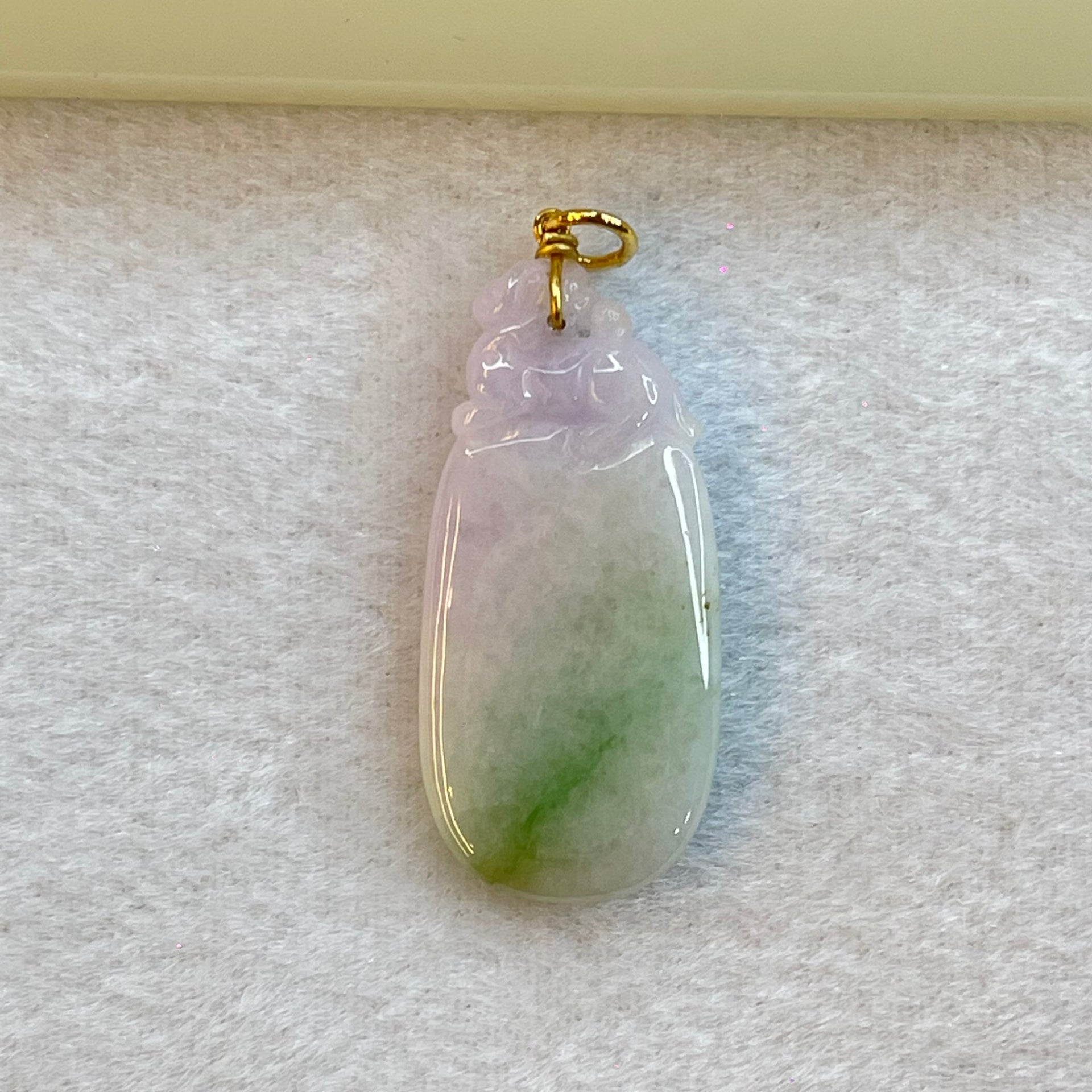 Type A Light Lavender Green with Apple Green Patches Jadeite Pendent with Pi Xiu on Gourd in 18K Yellow Gold Clasp 7.69g 38.8 by 18.2 by 4.7mm - Huangs Jadeite and Jewelry Pte Ltd