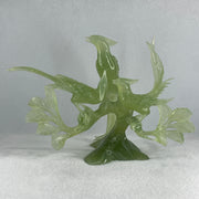Natural Semi Icy Green Serpentine 3 Phoenix on Tree with Wooden Stand Display 705.1g 242.0 by 140.0 by 195.0mm - Huangs Jadeite and Jewelry Pte Ltd
