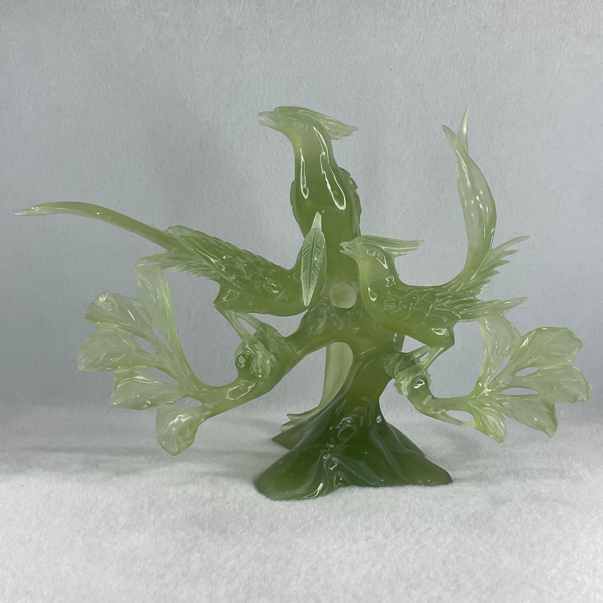 Natural Semi Icy Green Serpentine 3 Phoenix on Tree with Wooden Stand Display 705.1g 242.0 by 140.0 by 195.0mm - Huangs Jadeite and Jewelry Pte Ltd