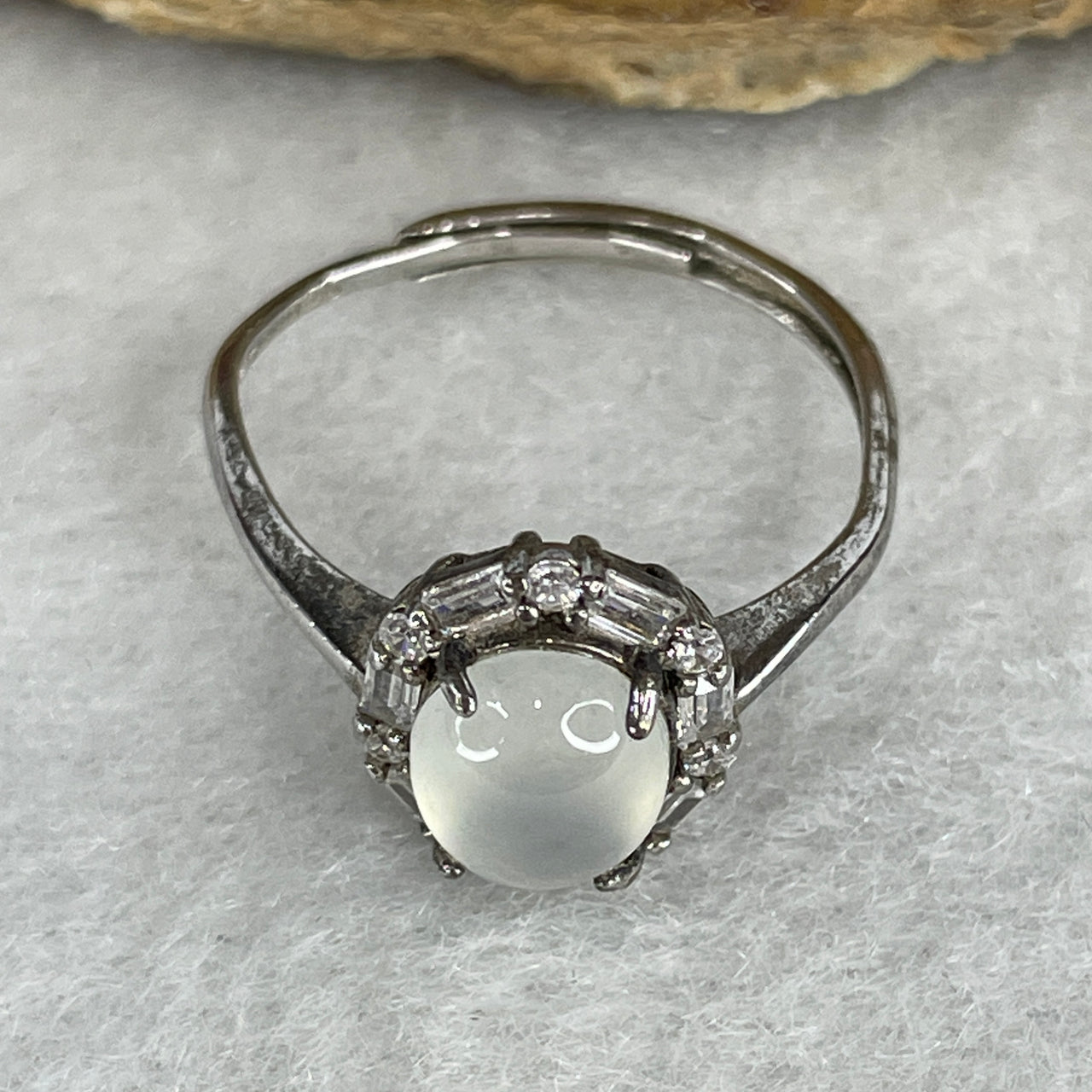 Natural Type A Colorless Jadeite Cabochon Ring | S925 Sterling Silver Oval Gemstone Ring (Adjustable Size, 2.05g)