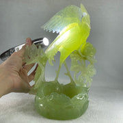 Natural Semi Icy Green Serpentine Phoenix on Pond and Flower Display 1,488.3g 175.0 by 230.0 by 129.0mm - Huangs Jadeite and Jewelry Pte Ltd