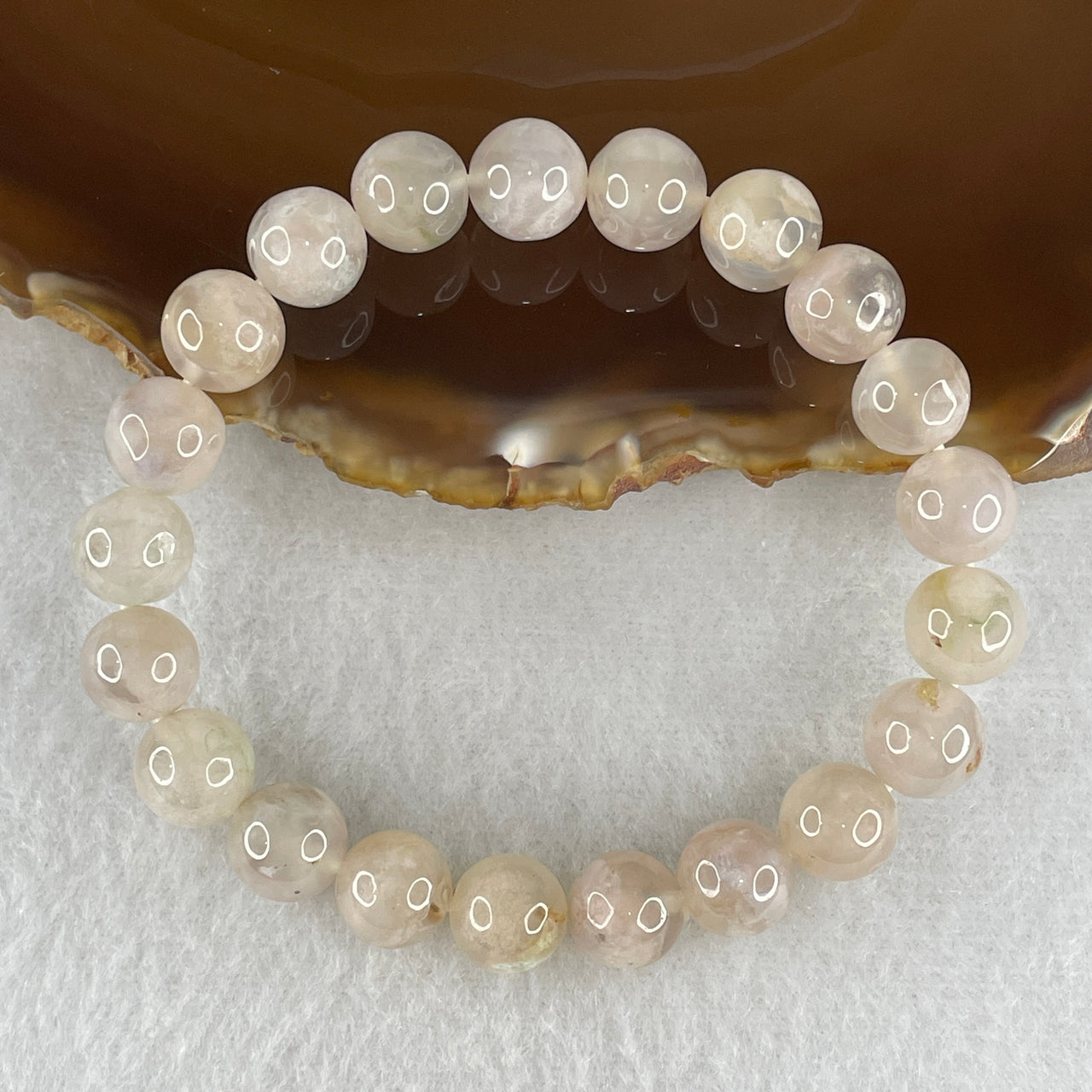 Natural Faint Pink Flower Agate Bead Bracelet | Untreated Cherry Blossom Agate Stretch Bracelet (25.07g | 16.5cm Wrist | 9.7mm | 21 Beads)