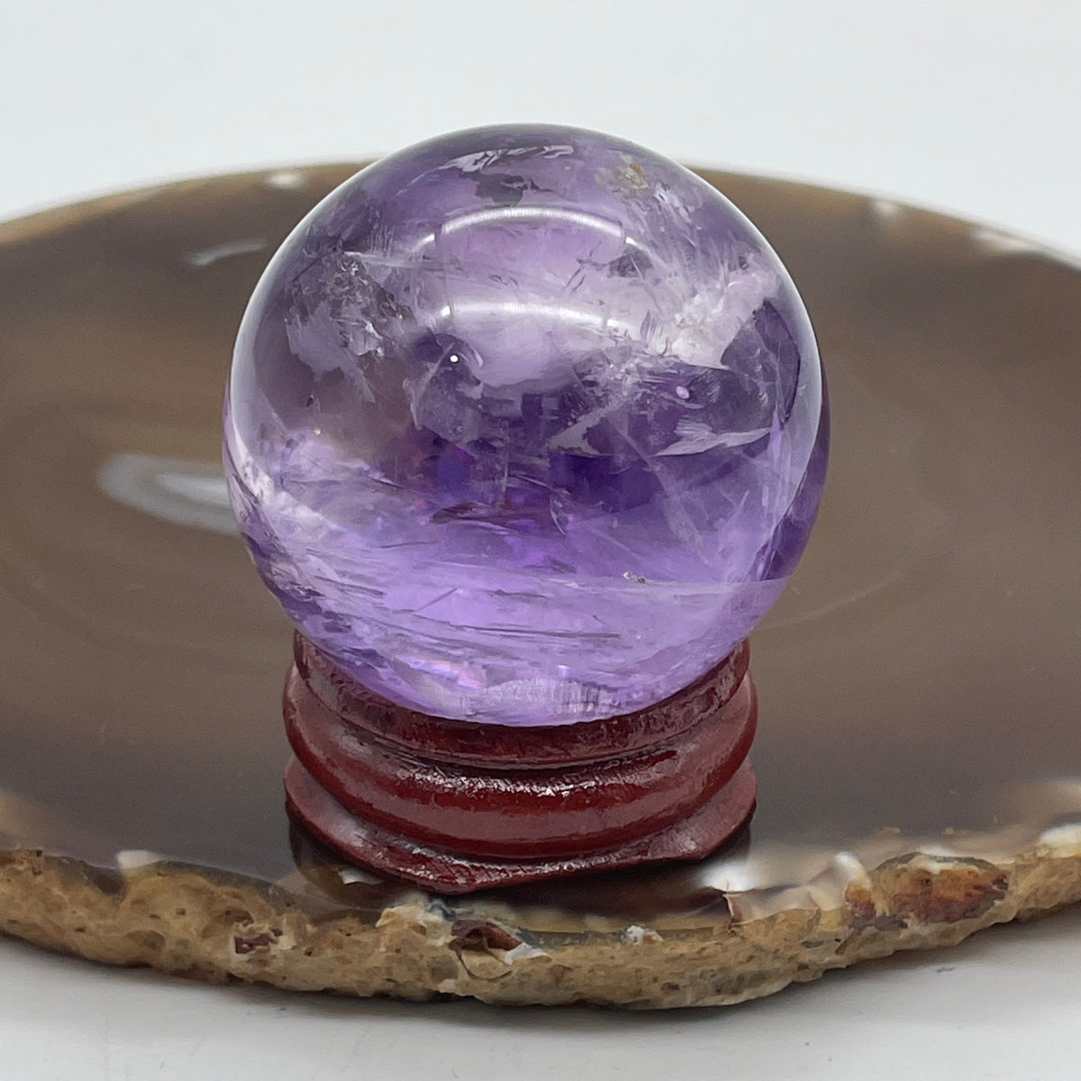 Natural Amethyst Mini Ball with Wooden Stand Display | (111.54g | 42.5mm | 50.0mm | Master Catalyst, "開智慧" Executive Focus & Intuition Anchor, 360° Energy Harmonizer & Feng Shui Prosperity Sphere)