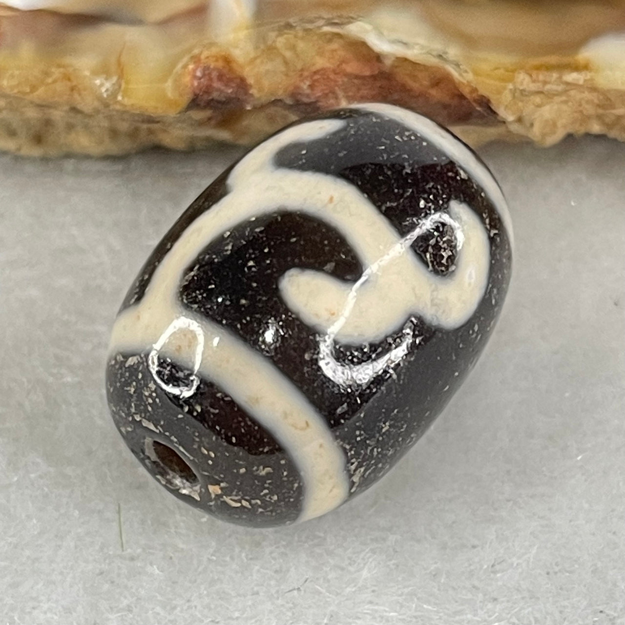 Natural Powerful Tibetan Old Oily Black White Agate Green Tara Dzi Bead Heavenly Master (Tian Zhu) 绿度母天珠 4.46g 17.8 by 12.9mm - Huangs Jadeite and Jewelry Pte Ltd