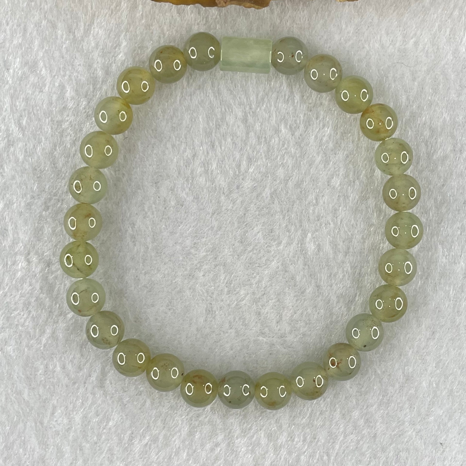 Type A Brownish Semi Icy Light Blueish Green and Yellow Jadeite Beads with White Lulu Tong Bracelet 13.12g 15.5cm 6.5cm 27 Beads 8.5 by 5.8 1pcs - Huangs Jadeite and Jewelry Pte Ltd