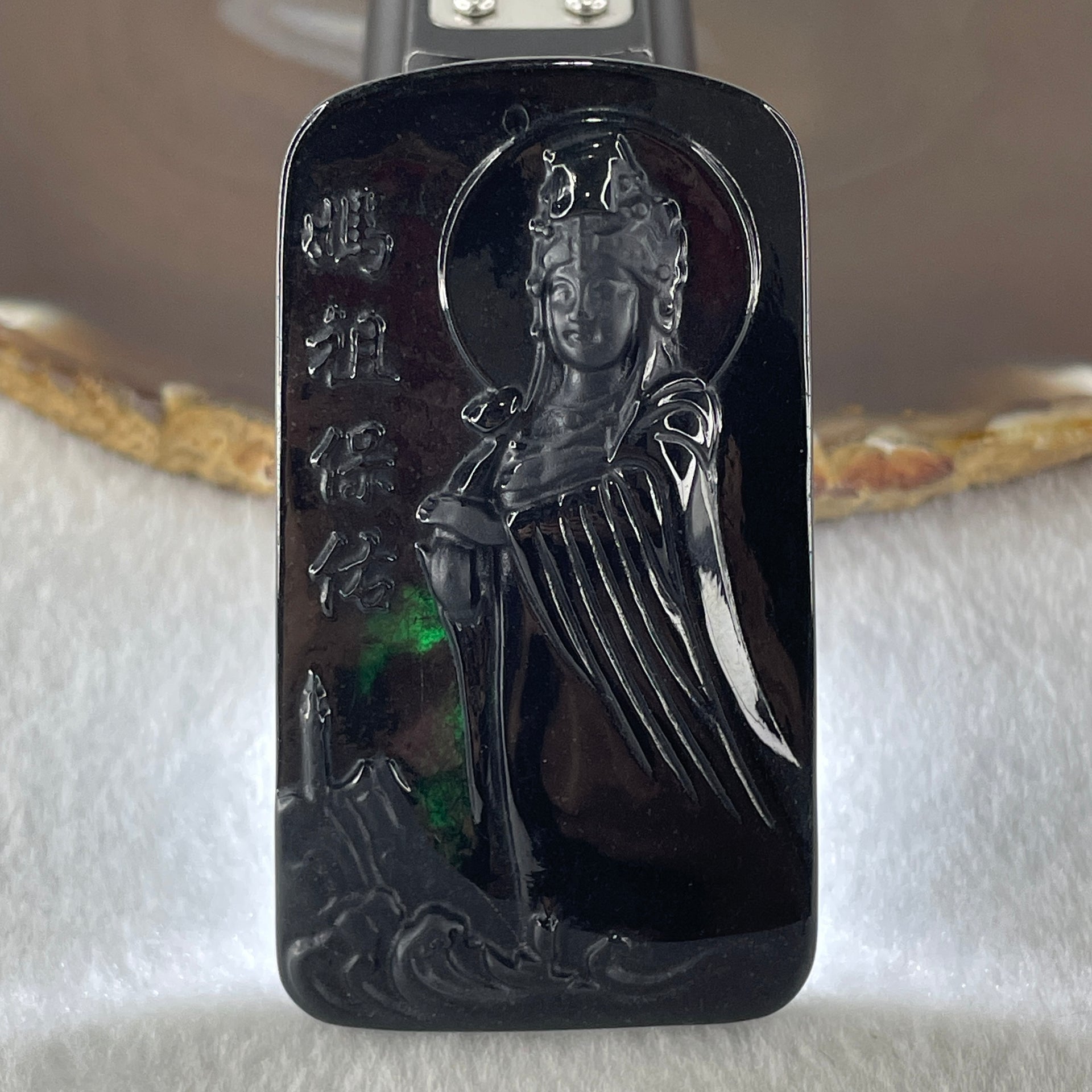 Type A Opaque to Partial Translucent Black Omphacite Jadeite Ma Zu (Mazu or Matsu) 妈祖 Goddess of the Sea Pendant 20.30g 63.4 by 35.9 by 7.4mm - Huangs Jadeite and Jewelry Pte Ltd