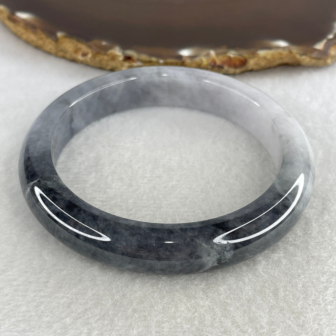 Natural Type A Partial Translucent Jadeite Bangle | 59.8mm Ink-Wash "Wuji" Grey & Midnight Black | Substantive "Fei Cui" Round Wrist Heirloom 64.60g 11.9x9.1mm (External Roughs)