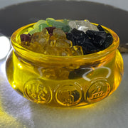 Yellow Liuli Wealth Pot with Five Element Crystal Fragment (Clear Quartz, Black Obsidian, Red Jasper, Citrine, Serpentine) Display Total Weight 336.49g 79.8 by 40.8mm - Huangs Jadeite and Jewelry Pte Ltd