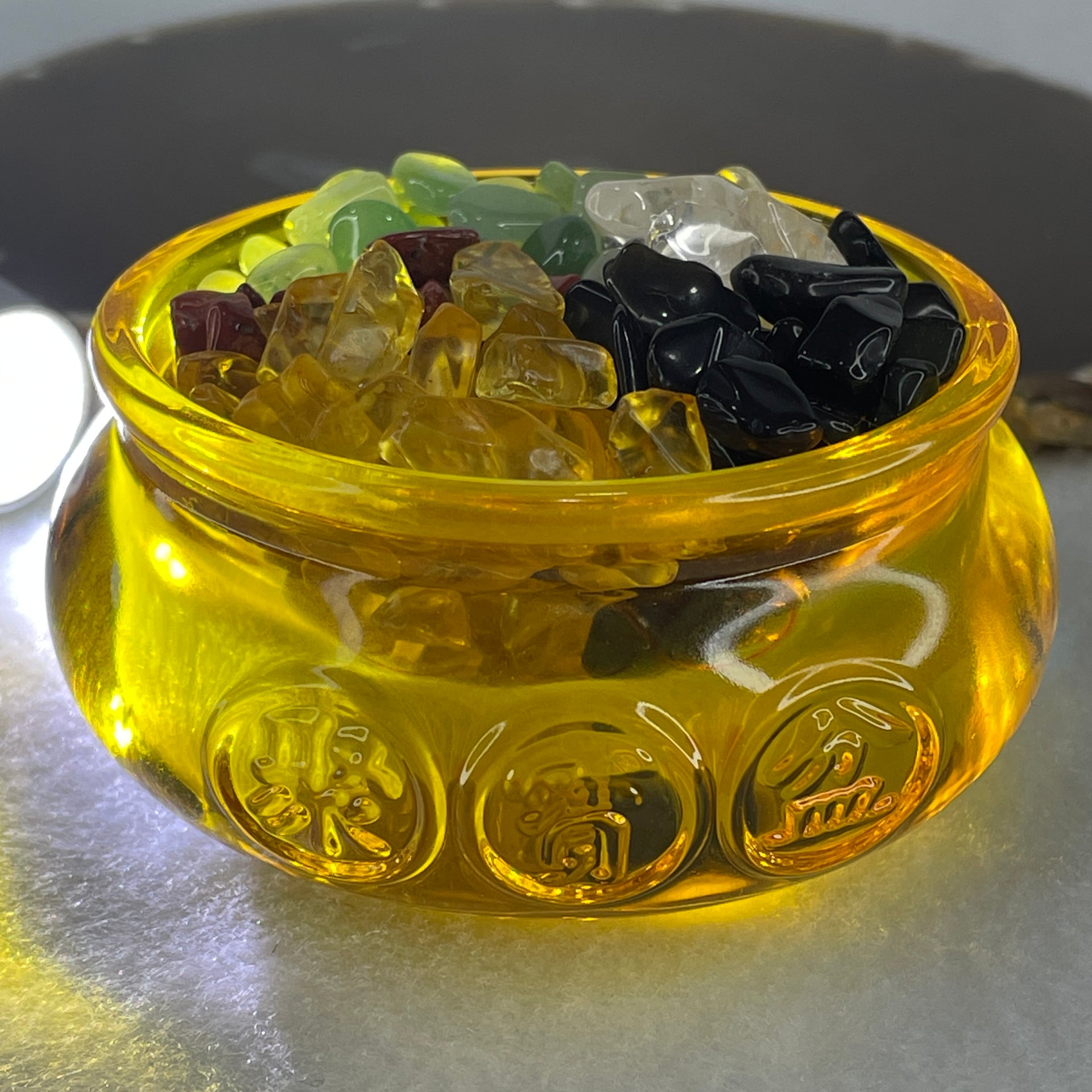 Yellow Liuli Wealth Pot with Five Element Crystal Fragment (Clear Quartz, Black Obsidian, Red Jasper, Citrine, Serpentine) Display Total Weight 336.49g 79.8 by 40.8mm - Huangs Jadeite and Jewelry Pte Ltd