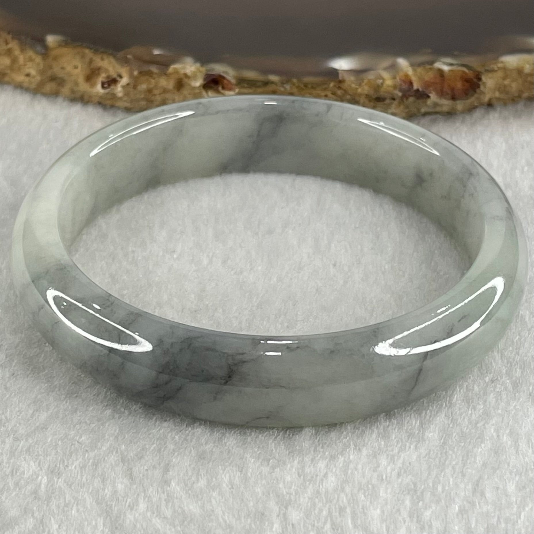 Type A Light Lavender Green with Wuji Grey Piao Hua Jadeite Bangle 38.30g Internal Diameter 51.8mm 11.7 by 6.9mm (Very Slight Internal Lines) - Huangs Jadeite and Jewelry Pte Ltd