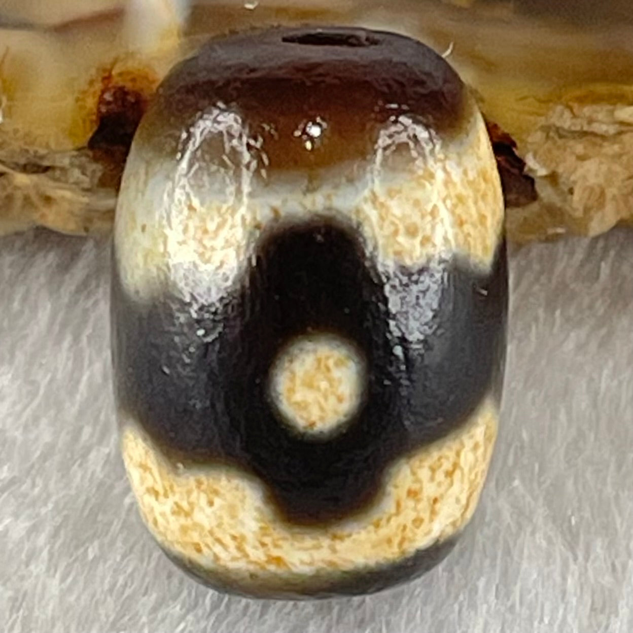 Natural Powerful Tibetan Old Oily Dark Brown With White Agate 3 Eyes Dzi Bead Heavenly Master (Tian Zhu) 三眼天诛 3.32g 16.0 by 11.7mm - Huangs Jadeite and Jewelry Pte Ltd