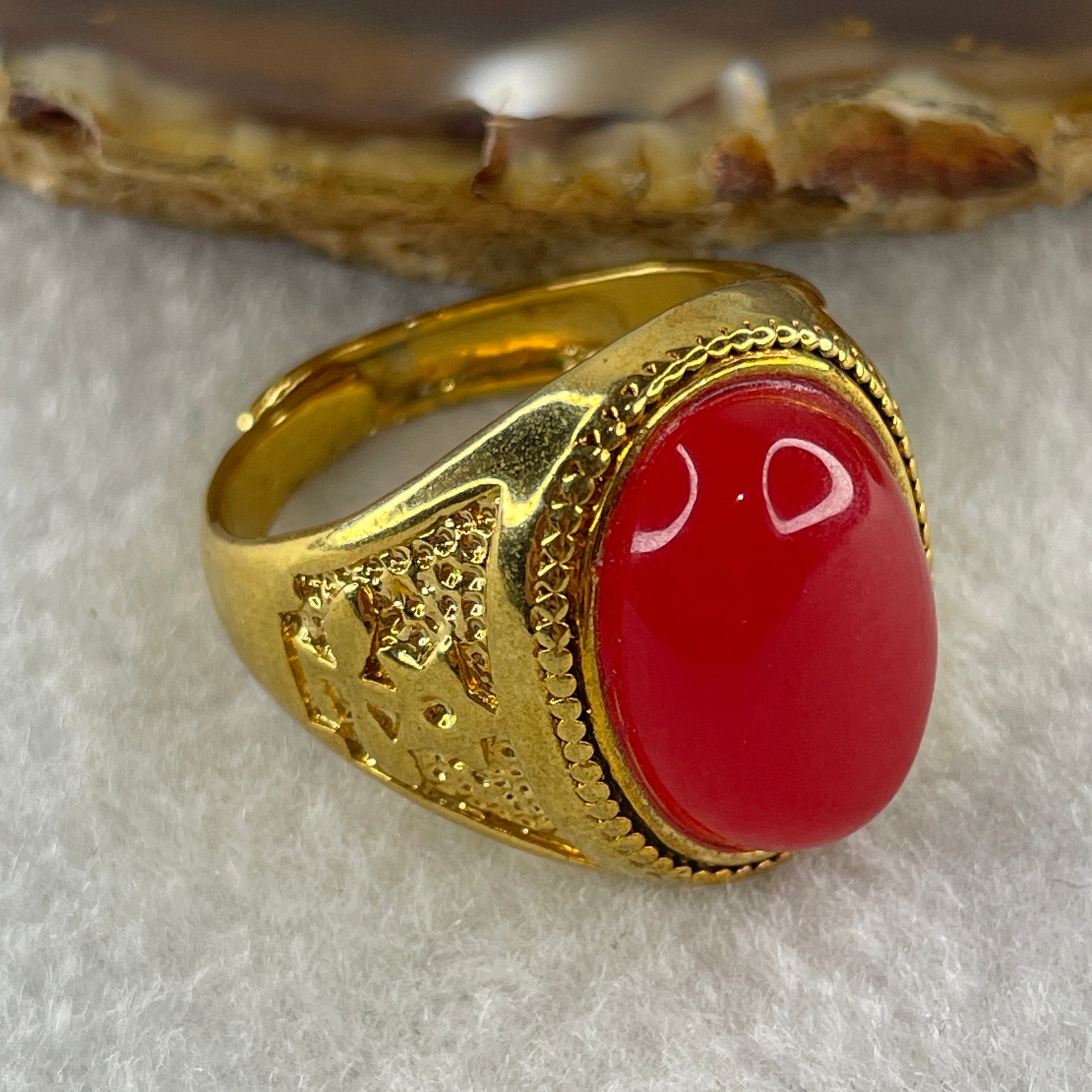 Natural Red Agate in 9999 Gold Plated Ring (Adjustable Size) 12.43g 17.6 by 13.2 by 5.5mm - Huangs Jadeite and Jewelry Pte Ltd