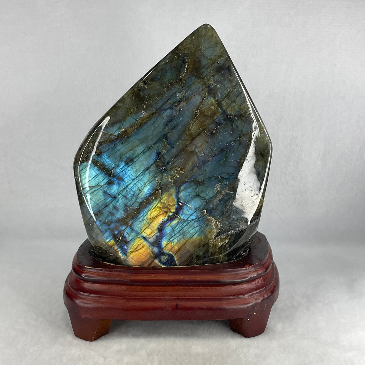 Monumental Natural Labradorite Freeform Pebble Display with Custom Wooden Stand | (3,321.8g | 160.0x130.0x213.0mm | Synergy, Auric Shield, Intuition Amplifier & Transformation Centerpiece)