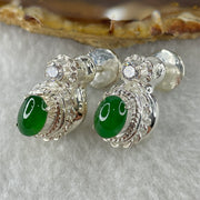 Type A Natural Full Old Mine Spicy Green Jadeite Cabochon 8.0 by 5.8 by 3.0mm Stone for Setting 17.46g (On Silver Earrings Mold) - Huangs Jadeite and Jewelry Pte Ltd