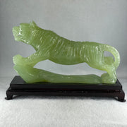 Natural Green Serpentine Tiger with Wooden Stand Display 1711.3g 255.0 by 90.0 by 160.0mm - Huangs Jadeite and Jewelry Pte Ltd