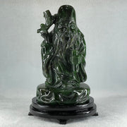 Natural Dark Green Serpentine Shou Xing Gong with Wooden Stand Display 2,374.7g 140.0 by 228.0 by 125.0mm - Huangs Jadeite and Jewelry Pte Ltd