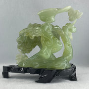 Natural Green Serpentine Magpie Bird with Cricket on Grape with Wooden Stand Display 1,042.7g L195.0 by B105.0 by H180.0 mm - Huangs Jadeite and Jewelry Pte Ltd