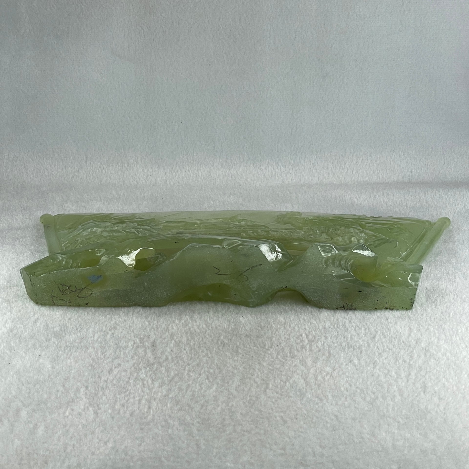Natural Icy Light Green Serpentine Shan Shui with Gui ren Benefactor on Boat with Twin Birds with Wooden Stand Display 695.1g 242.0 by 164.0 by 83.0mm - Huangs Jadeite and Jewelry Pte Ltd