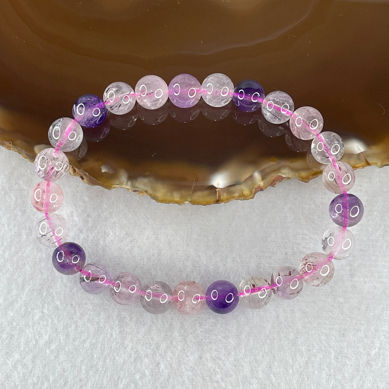 Certified Above-Average Grade Natural Super 7 Crystal Beads Bracelet | High-Fluidity Crystalline Strand | Authentic Sacred Seven Multi-Mineral Inclusions Quartz Spiritual Catalyst & Auric Shield Bracelet (15.26g | 16cm Length | 7.8mm | 25 Beads)