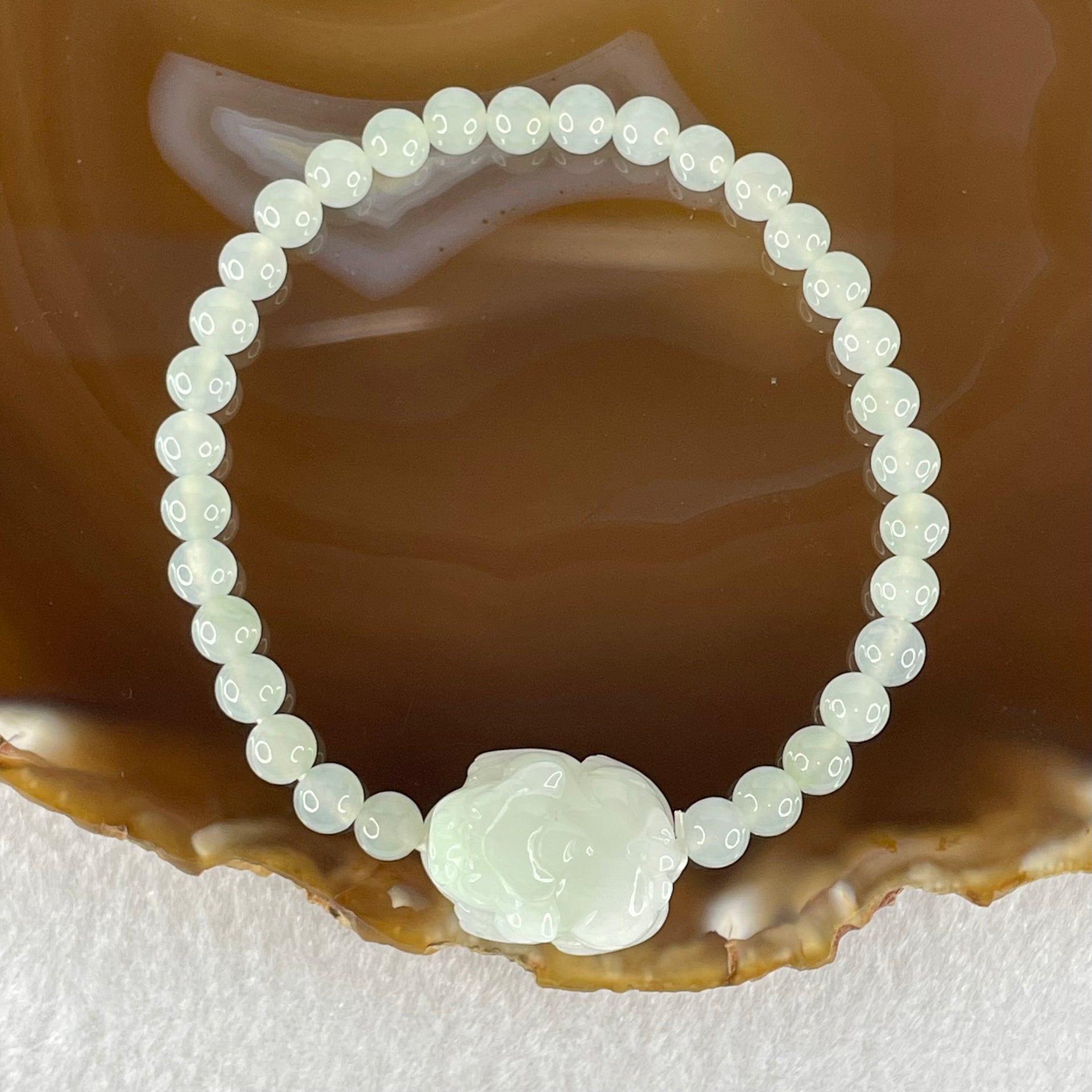 Type A Light Blueish Green Jadeite Beads with Faint Lavender Green Male Pixiu Charm Bracelet 13.83g 16.5cm 5.4mm 32 Beads 20.0 by 15.6 by 10.0mm - Huangs Jadeite and Jewelry Pte Ltd