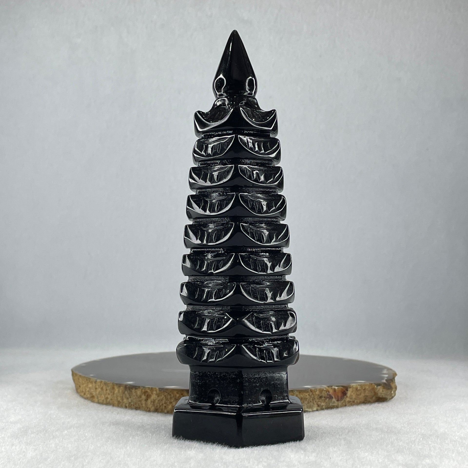 Black Obsidian Pagoda Display 396.8g 50.0 by 55.0 by 160.0mm - Huangs Jadeite and Jewelry Pte Ltd