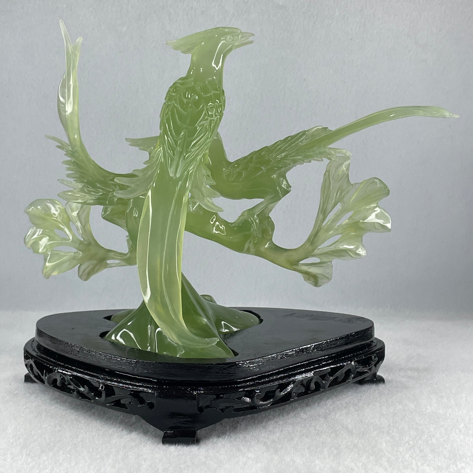 Natural Semi Icy Green Serpentine 3 Phoenix on Tree with Wooden Stand Display 705.1g 242.0 by 140.0 by 195.0mm - Huangs Jadeite and Jewelry Pte Ltd