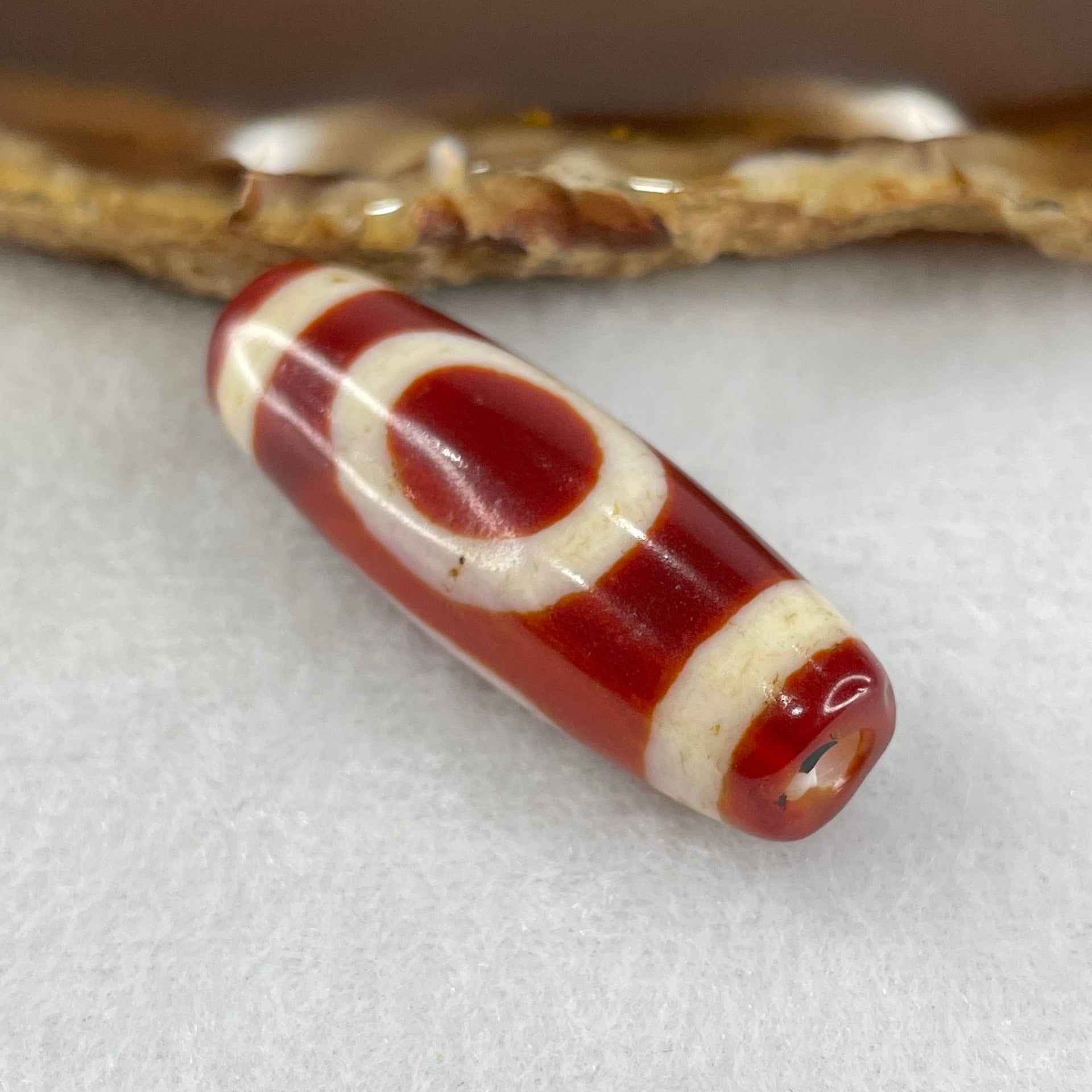 Natural Powerful Tibetan Old Oily Red White Agate One Eye Fire Sign Dzi Bead Heavenly Master (Tian Zhu) 一眼火天珠 10.21g 37.8 by 13.2mm - Huangs Jadeite and Jewelry Pte Ltd